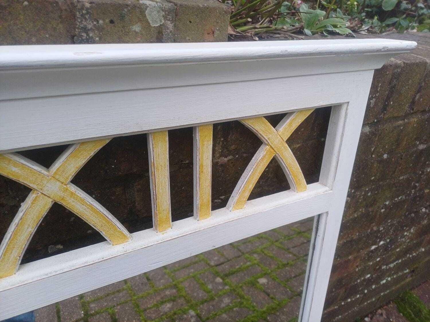 Large Hand Painted Ducal Pine Mirror Farrow And Ball Wimborne White Gold Trellis Over Mantel Wall Mirror Shabby Chic photo vinterior