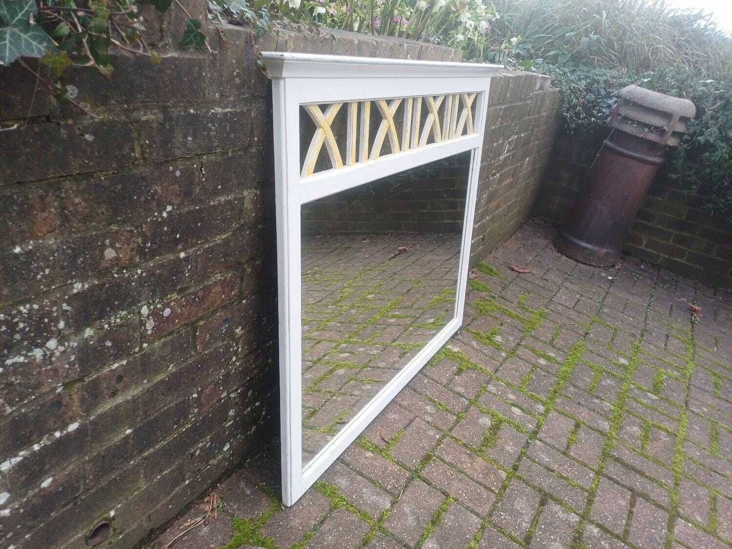 495.0 Large Hand Painted Ducal Pine Mirror Farrow And Ball Wimborne White Gold Trellis Over Mantel Wall Mirror Shabby Chic photo