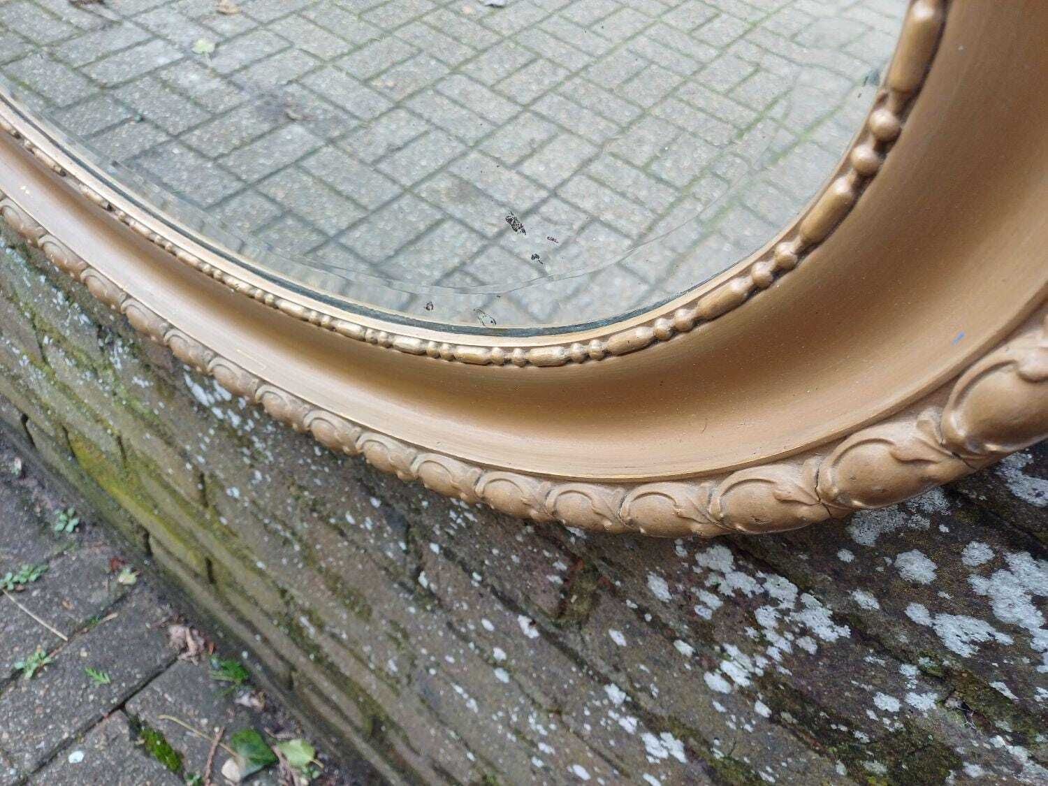 Large Antique Victorian Oval Wall Mirror, Soft Aged Gold/Bronze Gilt, Ornate Gesso Frame, Original Glass, 81cm X 55cm photo 295.0