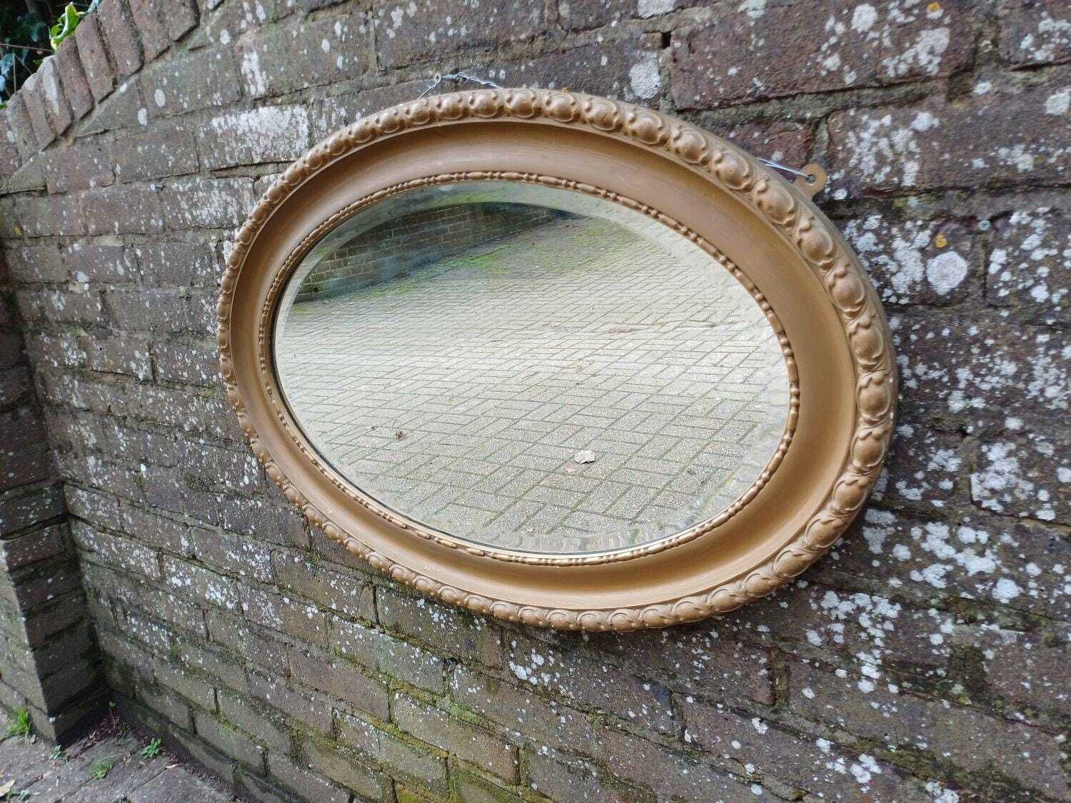 photo for sale Large Antique Victorian Oval Wall Mirror, Soft Aged Gold/Bronze Gilt, Ornate Gesso Frame, Original Glass, 81cm X 55cm