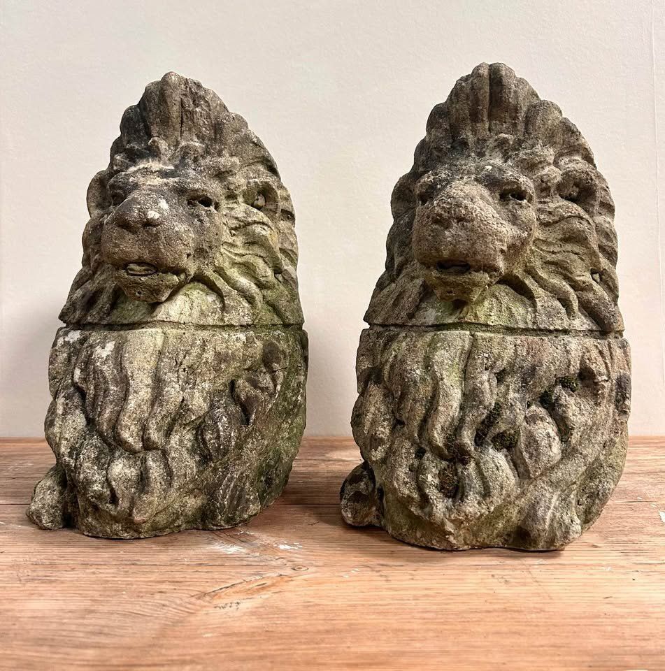 photo for sale Pair Of Carved Stone Lion Bust Statues