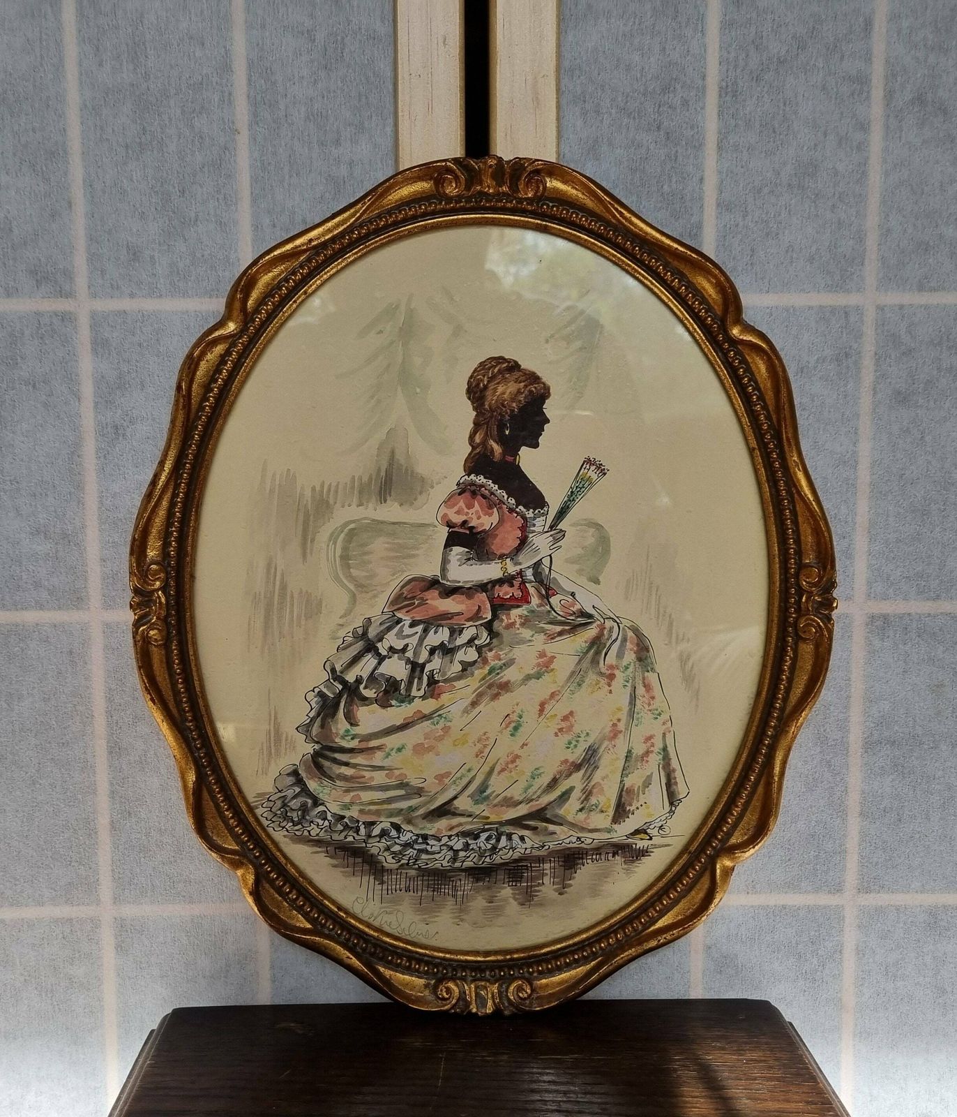Silhouette Period Costume Painting Original Christine Silver Signed Cameo