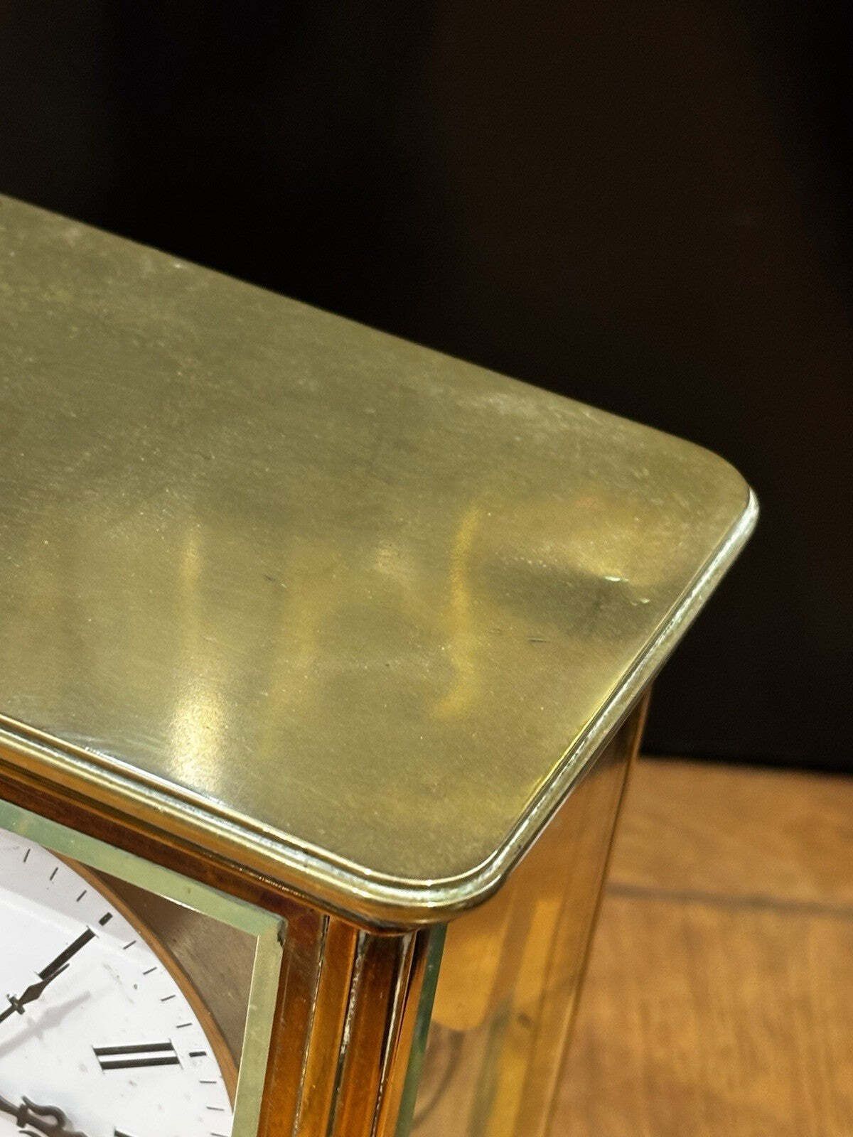 photo furniture Victorian Brass 4 Glass Clock, Ticking Away & Chimes On A Gong.
