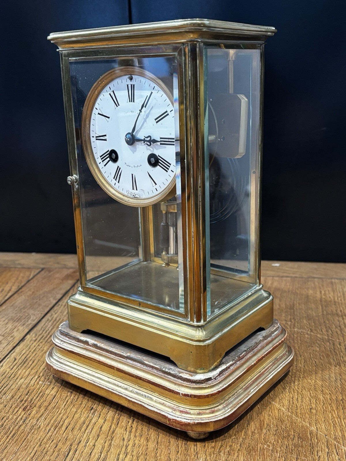 photo for sale Victorian Brass 4 Glass Clock, Ticking Away & Chimes On A Gong.