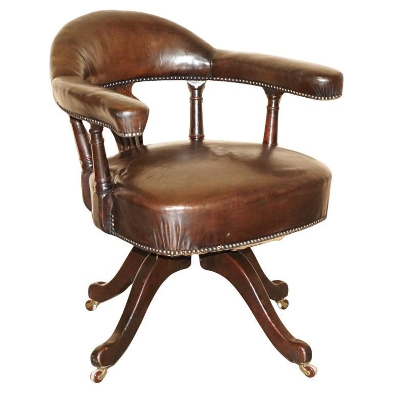 Original Antique Victorian Fully Restored Deep Brown Leather Captains Chair