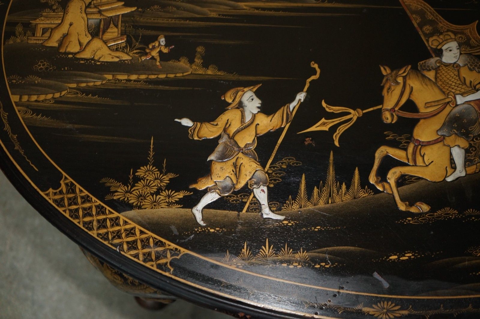 Large Oval Antique Circa 1920 Chinese Chinoiserie Export Lacquered Coffee Table photo vintage