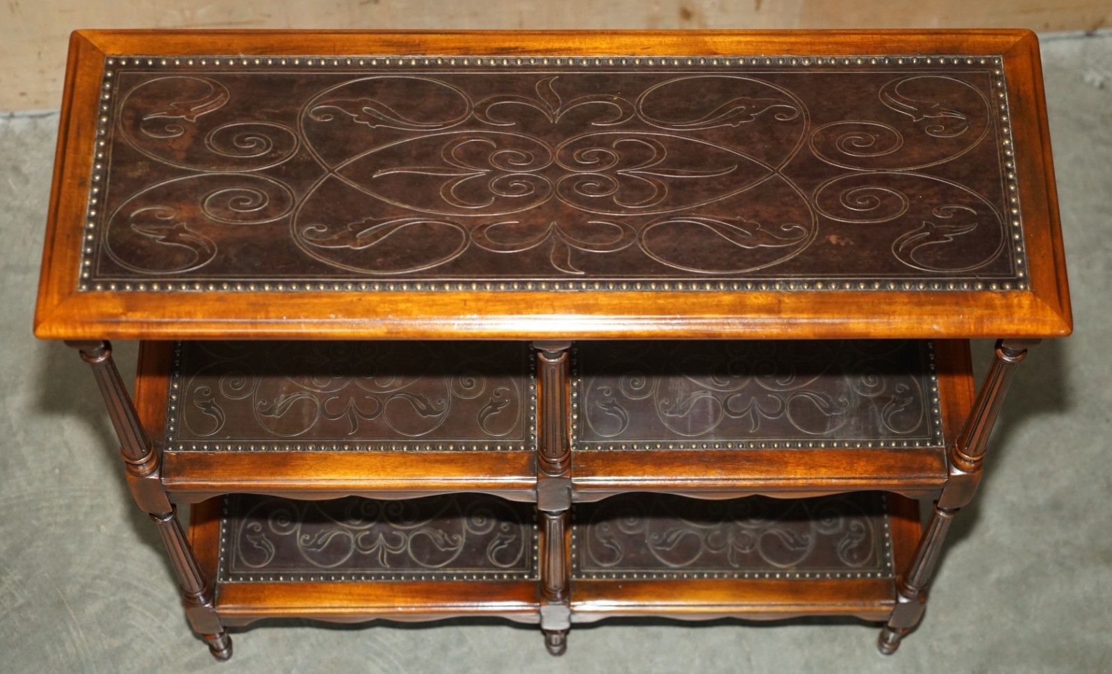 Stunning Solid Wood & Leather Embossed Theodore Alexander Etagere Open Bookcase photo vinterior