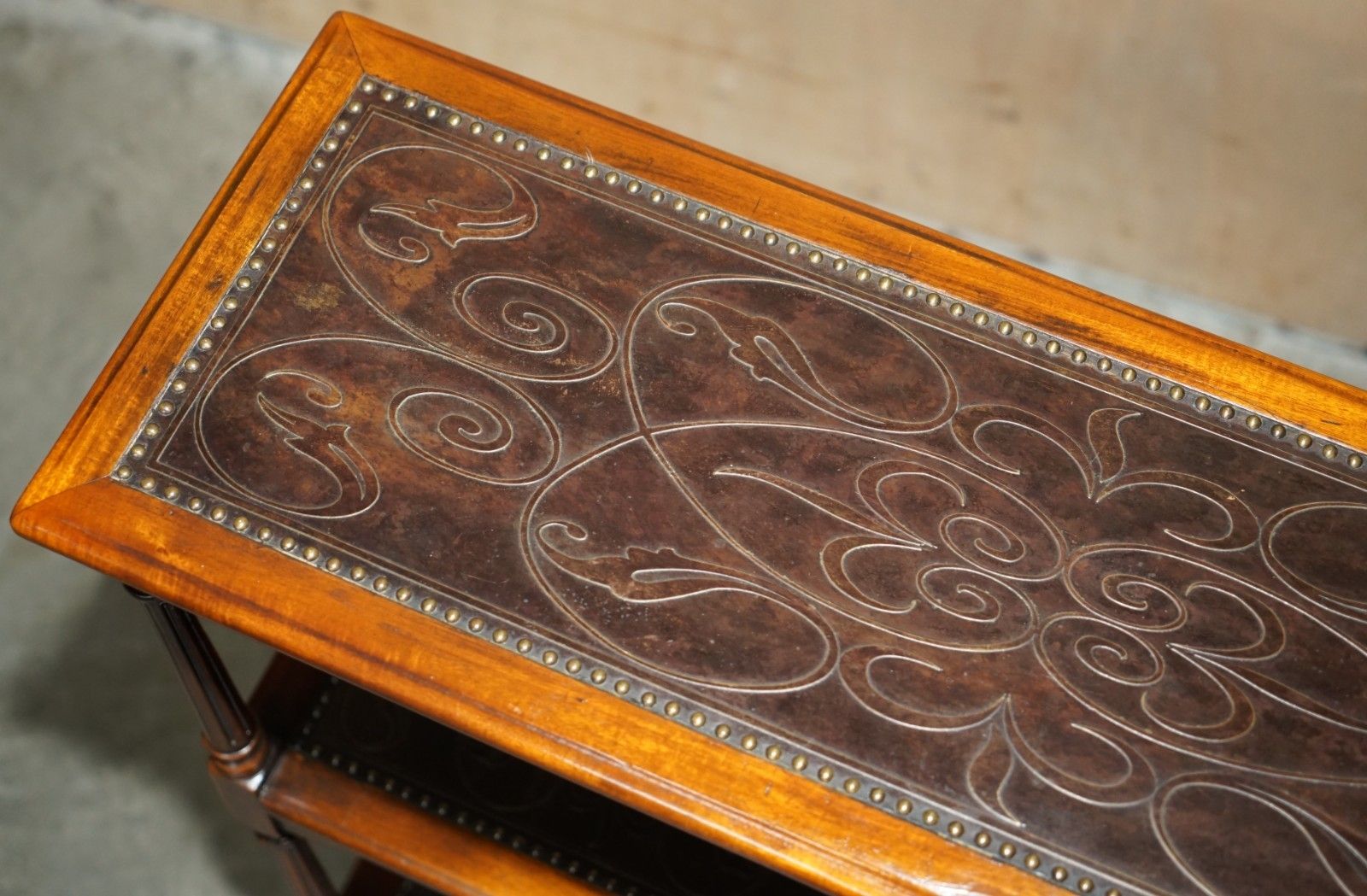 Stunning Solid Wood & Leather Embossed Theodore Alexander Etagere Open Bookcase photo buy