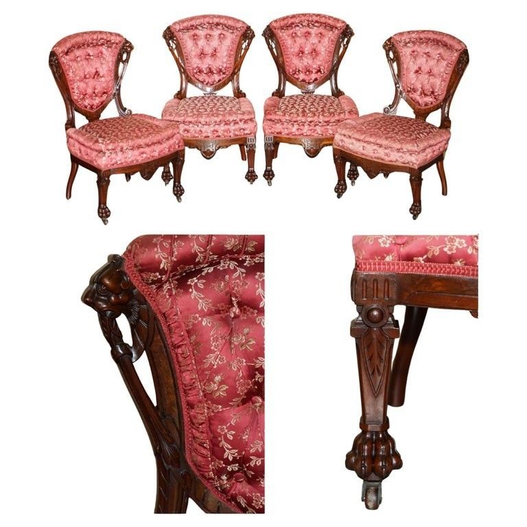 Four Antique Victorian Flamed Mahogany Lion Carved Dining Chairs Part Of A Suite