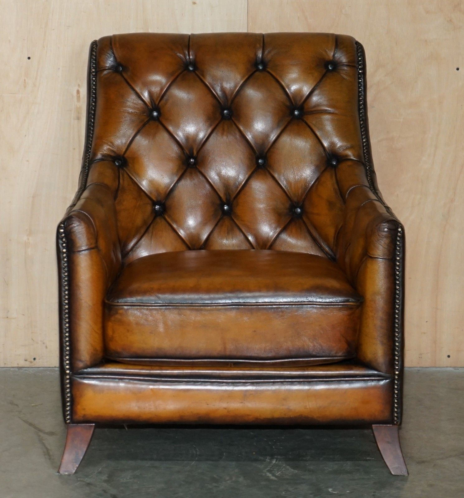 Fully Restored Cigar Brown Leather Chesterfield Tufted Library Armchair photo for sale