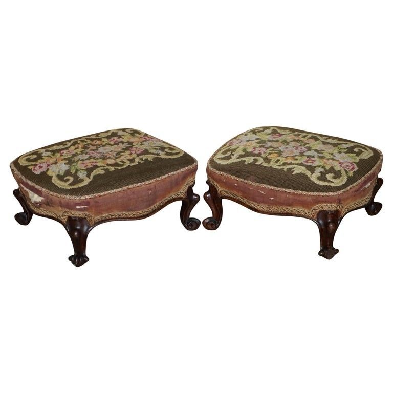 Pair Of Antique Victorian 1860 Upholstered Small Wingback Armchair Footstools