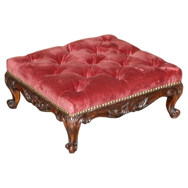 Antique Victorian Mahogany Framed Salmon Velour Chesterfield Tufted Footstool