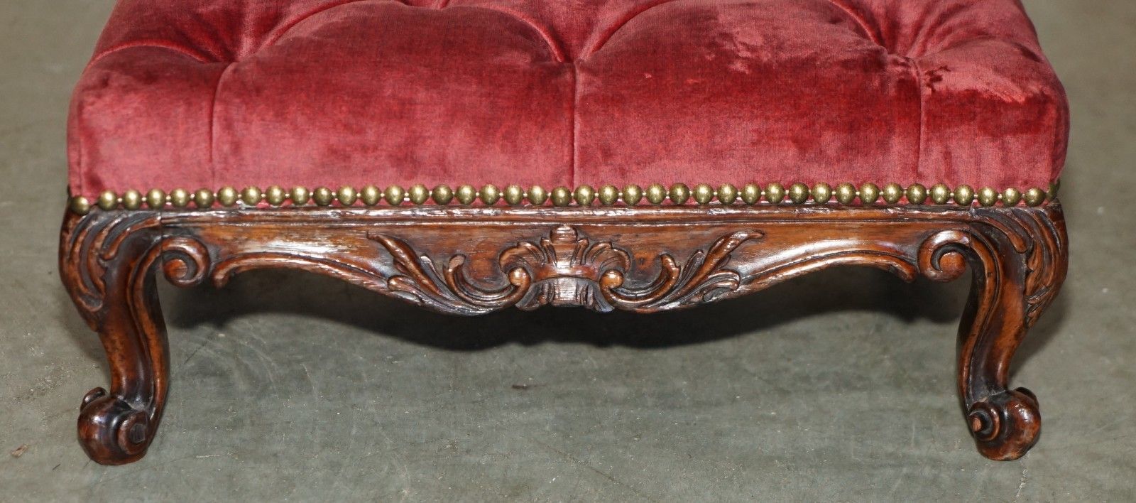 Antique Victorian Mahogany Framed Salmon Velour Chesterfield Tufted Footstool photo Furniture