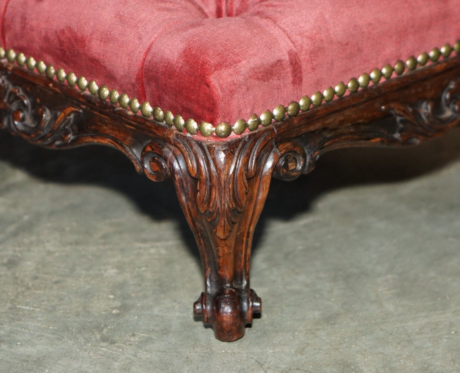 photo for sale Antique Victorian Mahogany Framed Salmon Velour Chesterfield Tufted Footstool