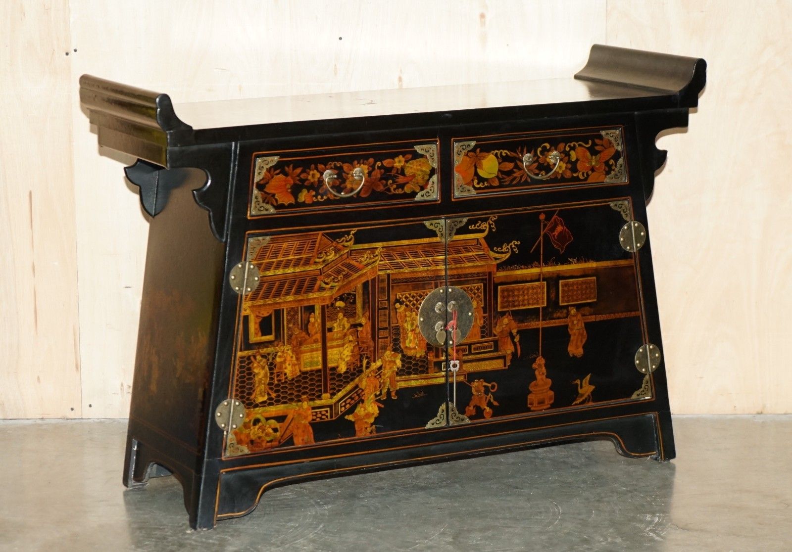 Vintage Chinese Export Mid Century Chinoiserie Temple Pagoda Style Sideboard photo furniture