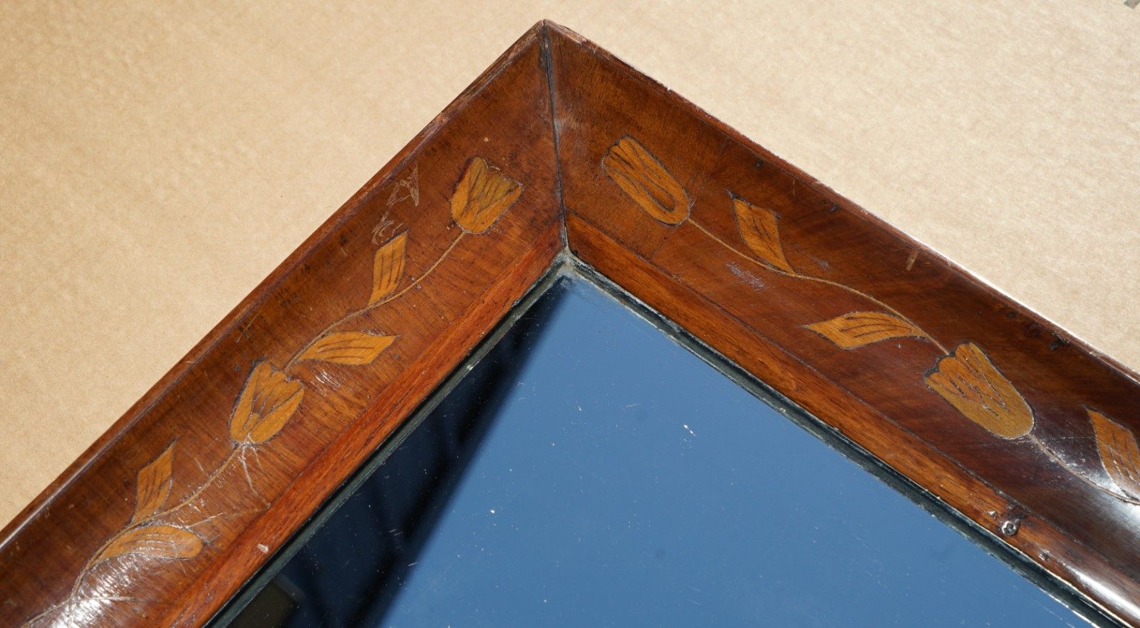 1860 Antique Dutch Cushion Framed Marquetry Inlay Wall Mirror Sublime Detailings photo for sale