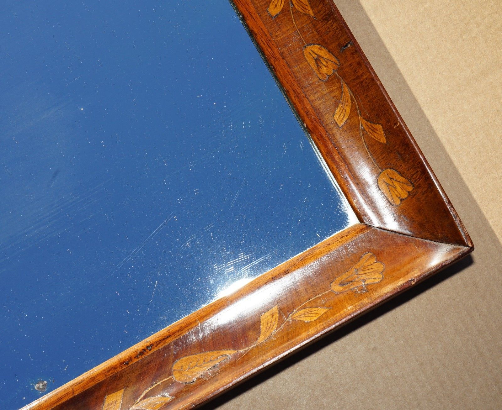 1860 Antique Dutch Cushion Framed Marquetry Inlay Wall Mirror Sublime Detailings photo vinterior