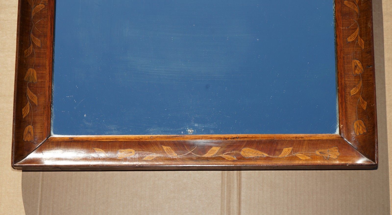 1860 Antique Dutch Cushion Framed Marquetry Inlay Wall Mirror Sublime Detailings photo vintage