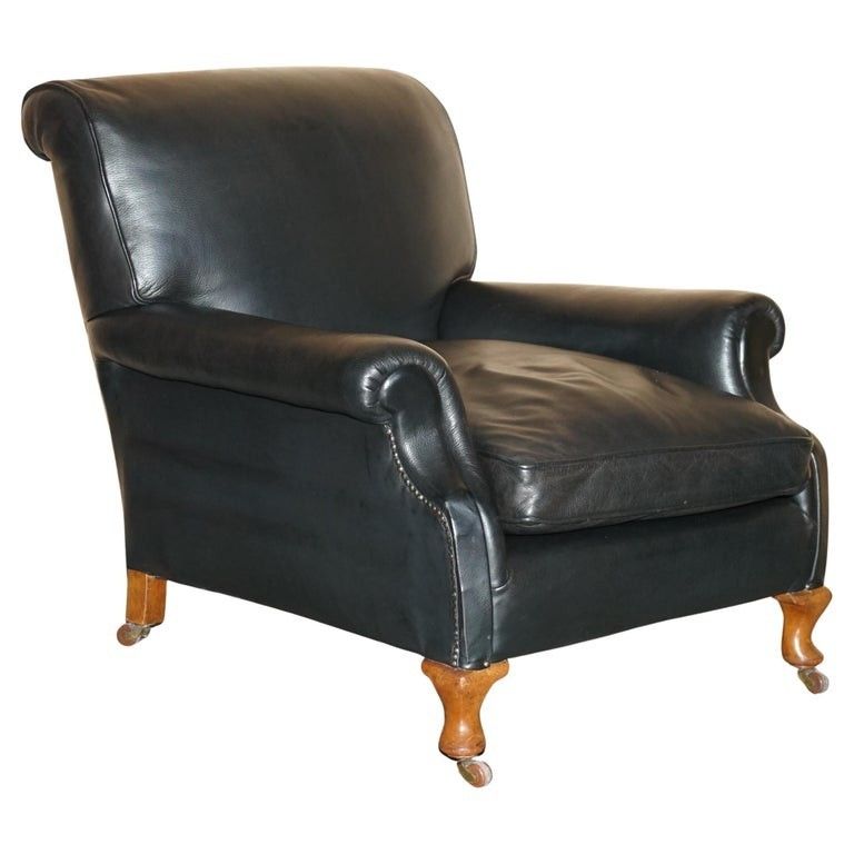 Oversized Antique Victorian Black Leather Club Armchair Stamped Inside Back Leg