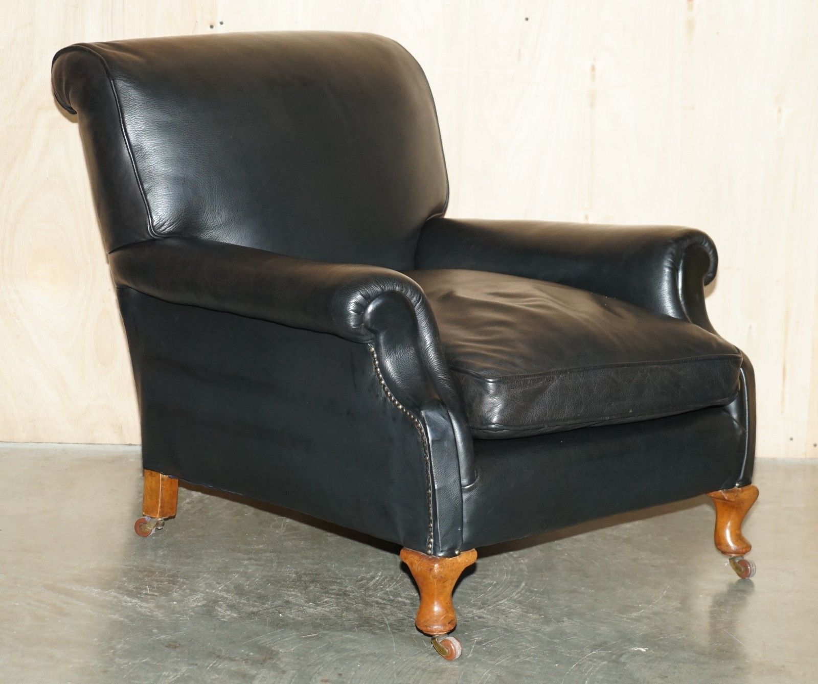 Oversized Antique Victorian Black Leather Club Armchair Stamped Inside Back Leg photo furniture