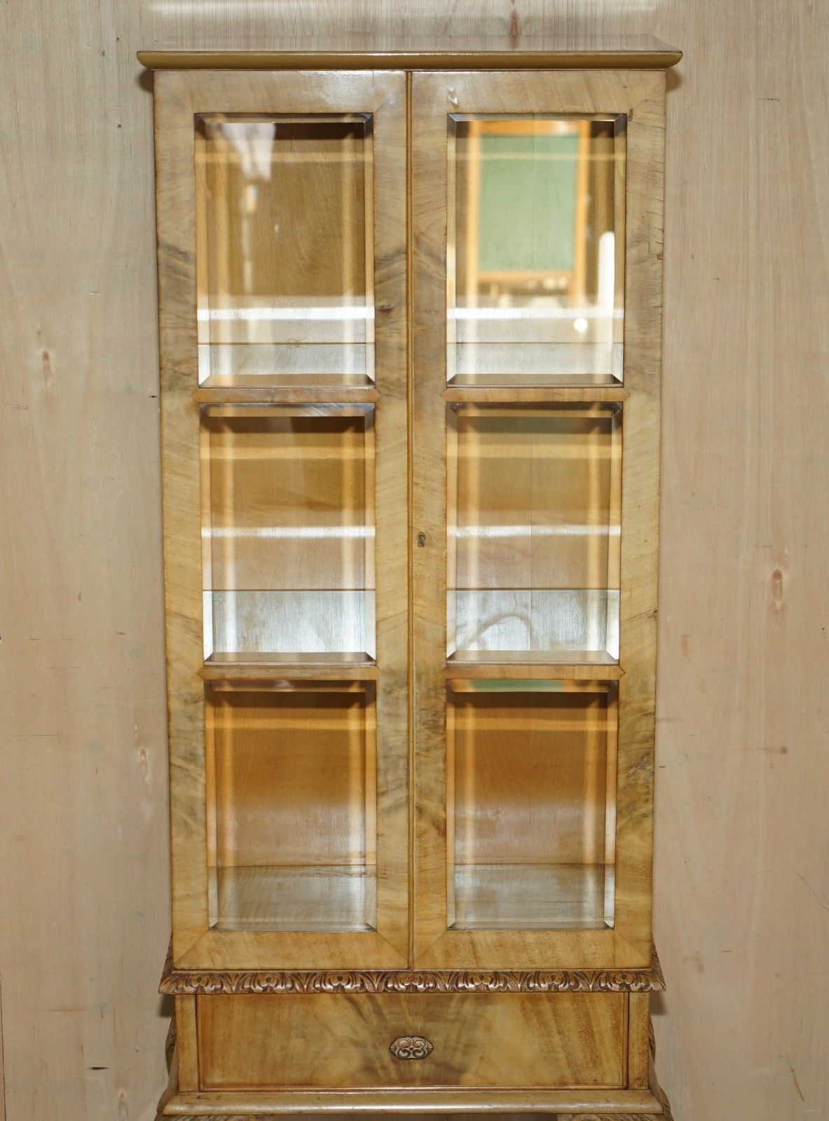 photo for sale Pair Of Art Deco Circa 1920's Burr Light Walnut Claw & Ball Display Cabinets