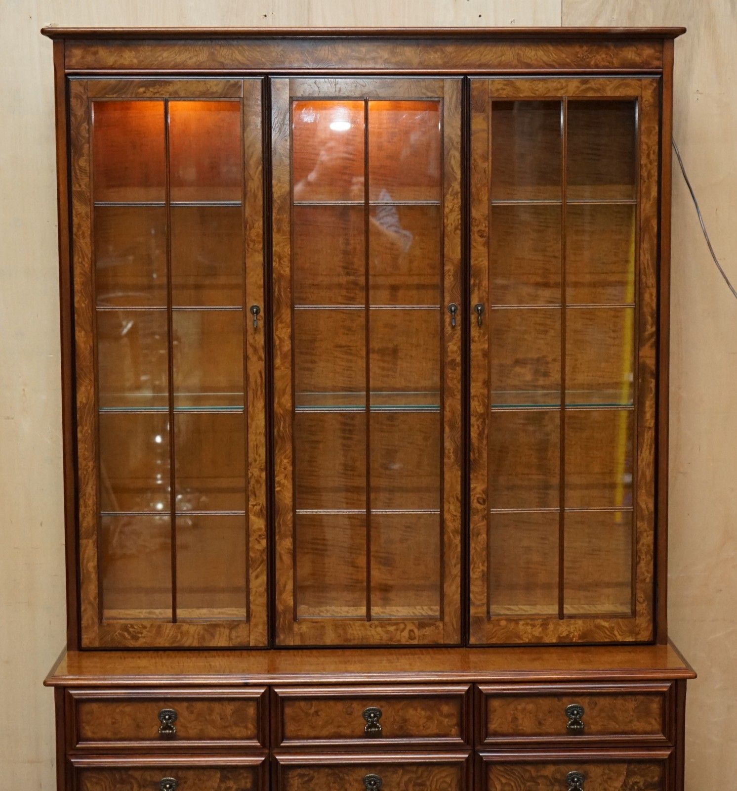Lovely Vintage Burr Walnut Glazed Door Welsh Dresser Display Cabinet With Lights photo Furniture