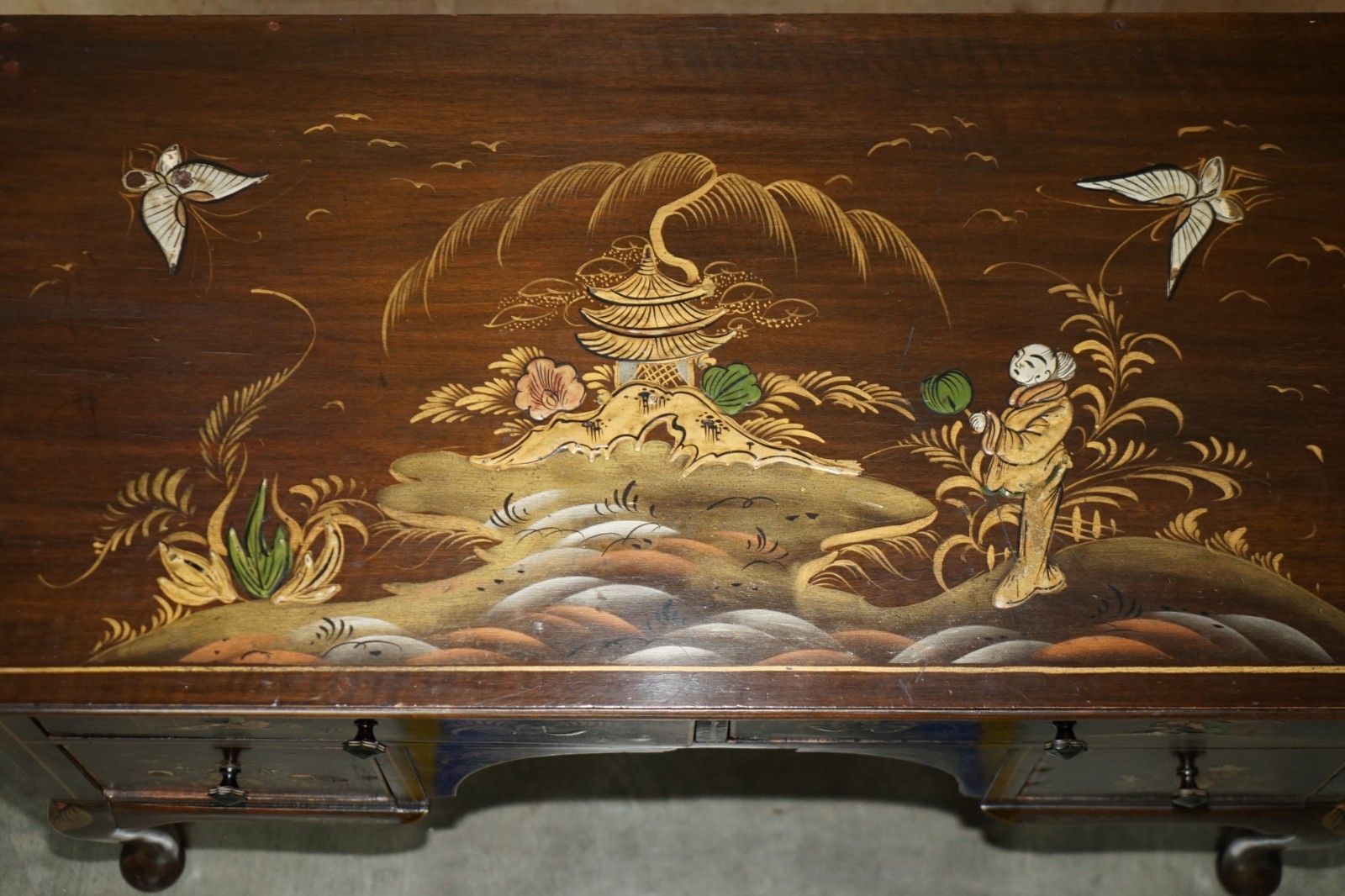 photo vinterior Exquisite Chinese Circa 1920 Chinoiserie Walnut Dressing Table Or Kneehole Desk