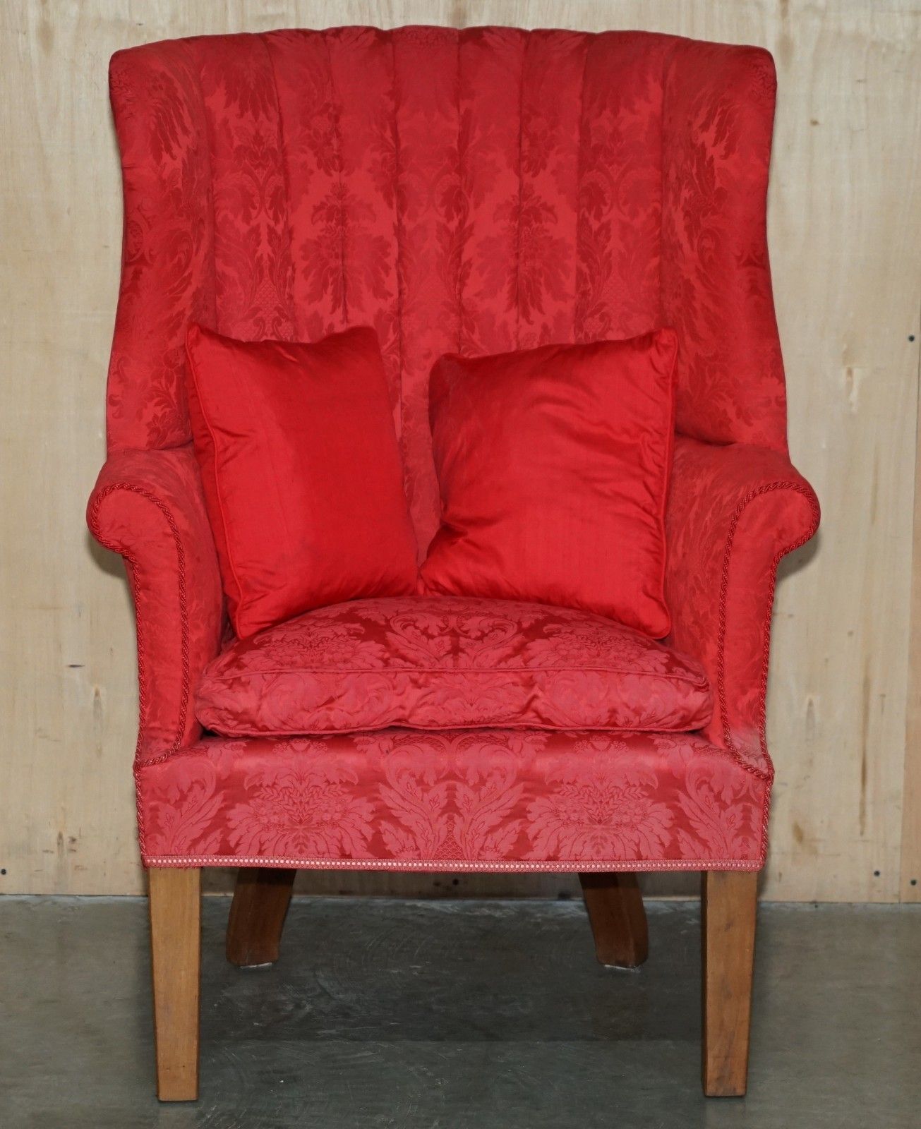 Fine Antique Fluted Back Victorian Damask Porters Windback Barrel Armchair photo for sale
