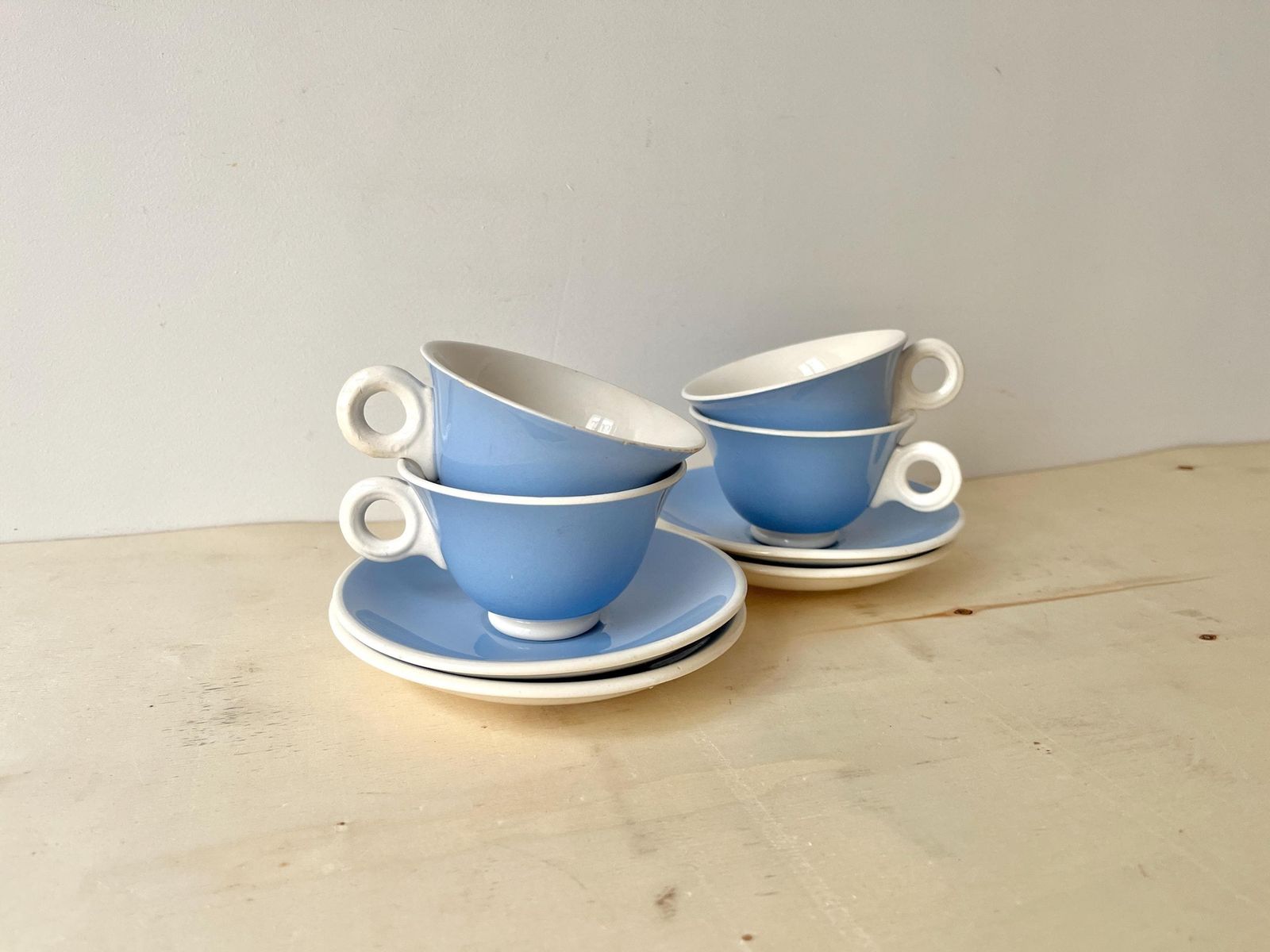 Antique Art Deco Teacups By Sarreguemines Digoin France, 1930's French Earthenware Set photo furniture