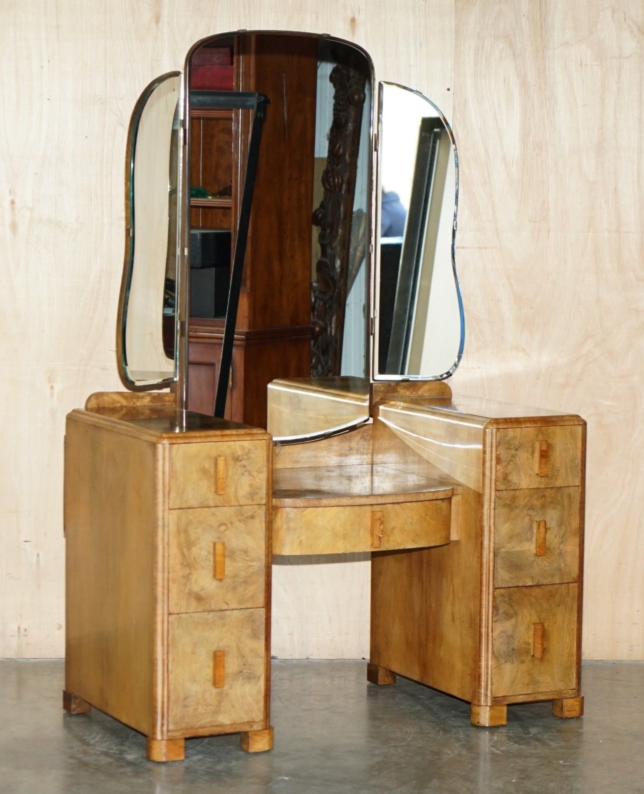 Lovely Art Deco Circa 1930's Satin Walnut Dressing Table + Mirror Part Of Suite photo furniture