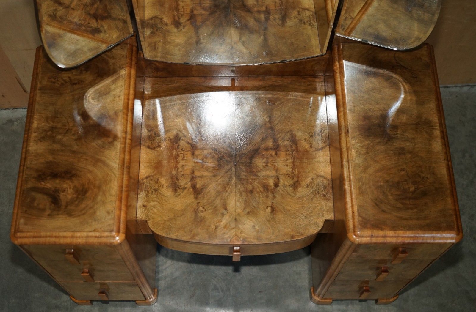 photo for sale Lovely Art Deco Circa 1930's Satin Walnut Dressing Table + Mirror Part Of Suite