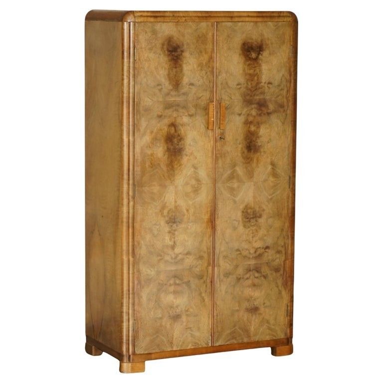 Small 153cm Tall Art Deco Circa 1930's Satin Burr Walnut Wardrobe Part Of Suite