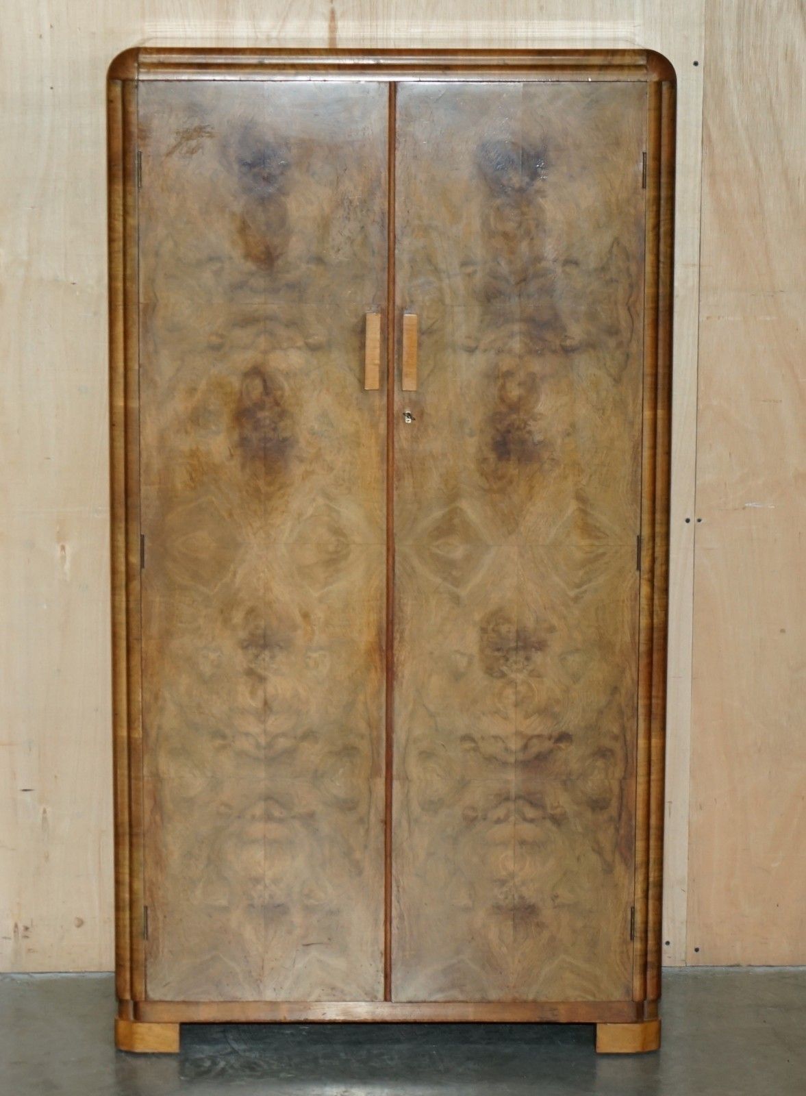 Small 153cm Tall Art Deco Circa 1930's Satin Burr Walnut Wardrobe Part Of Suite photo for sale