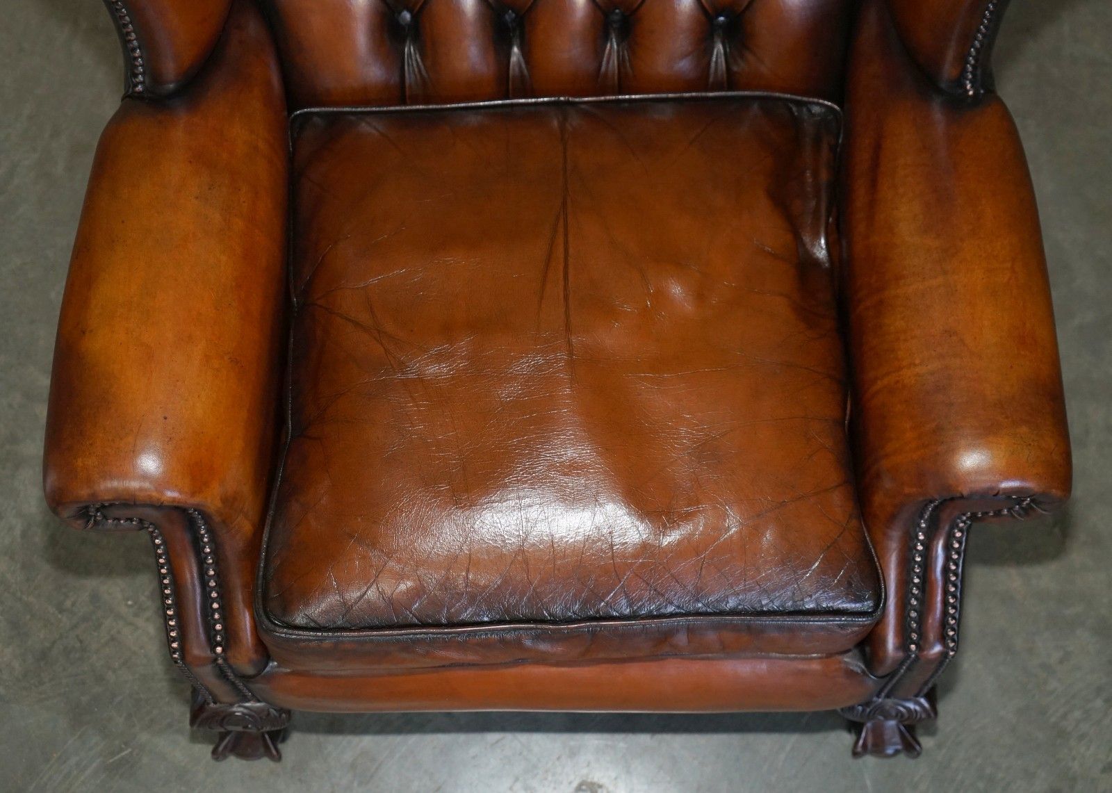 Restored Claw & Ball Feet Chesterfield Tufted Brown Leather Wingback Armchair photo buy