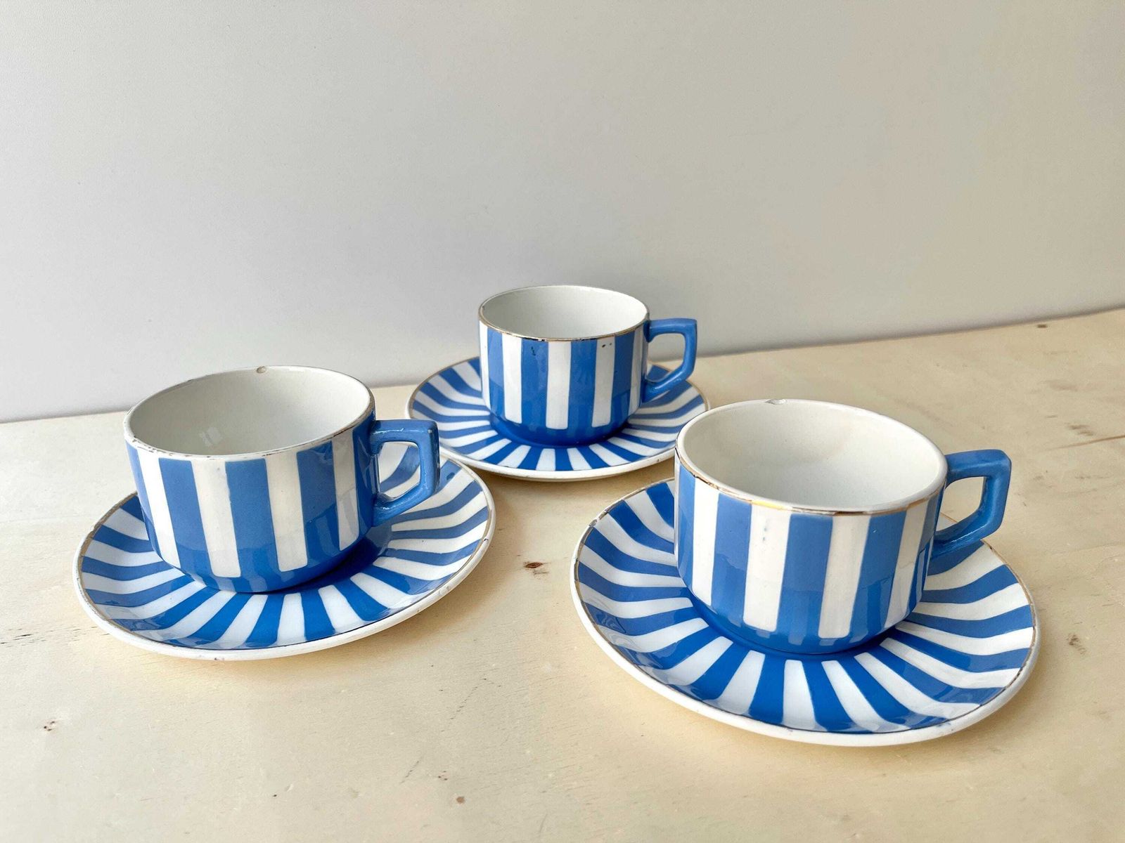 French Art Deco Set Of 3 Teacups And Saucers, Fox Trott Sarreguemines France 1930s, Antique Blue Stripes Earthenware Tableware photo for sale