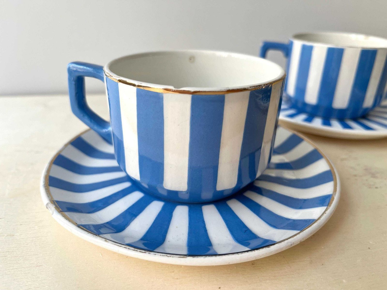 French Art Deco Set Of 3 Teacups And Saucers, Fox Trott Sarreguemines France 1930s, Antique Blue Stripes Earthenware Tableware photo Home Decor