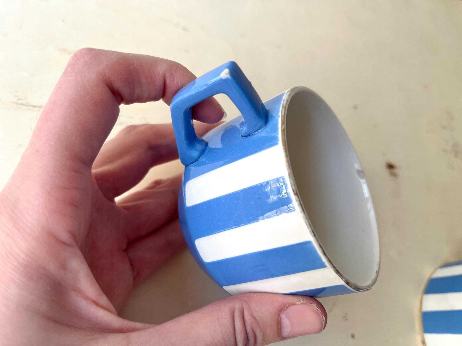 photo buy French Art Deco Set Of 3 Teacups And Saucers, Fox Trott Sarreguemines France 1930s, Antique Blue Stripes Earthenware Tableware