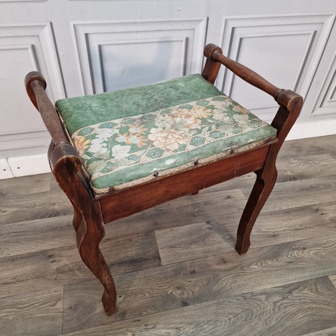 Antique Piano Stool Wooden Mahogany Upholstered Dressing Vanity Seat Storage photo furniture