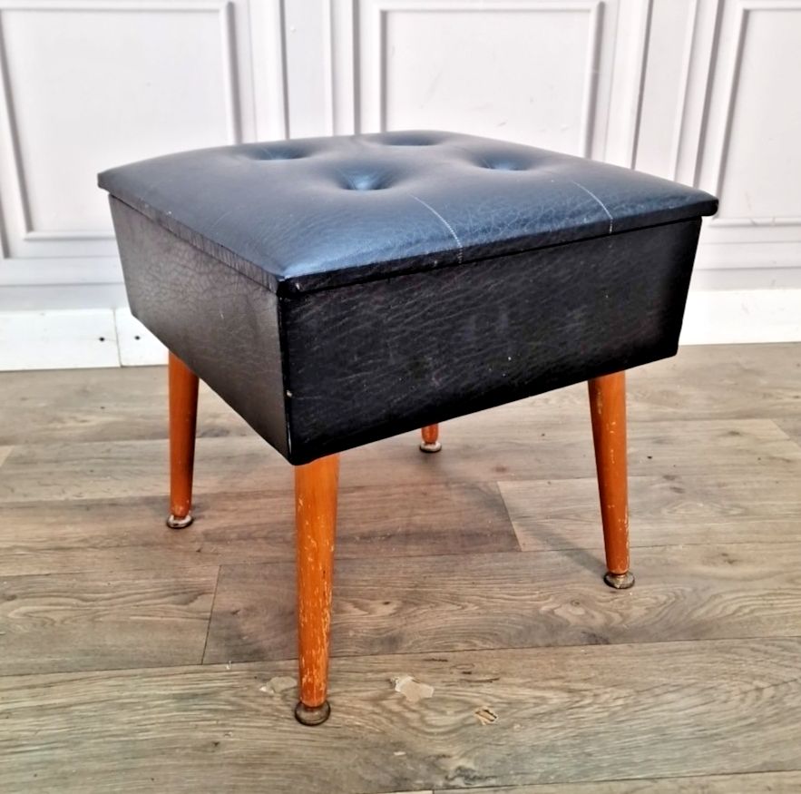Vintage Sherborne Vinyl Footstool Sewing Box Black Mid Century Retro Mcm