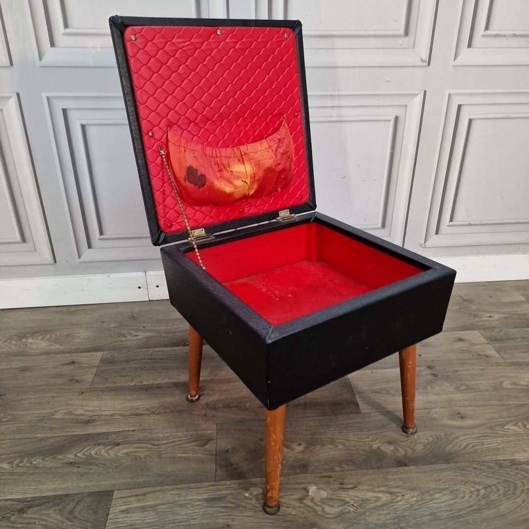Vintage Sherborne Vinyl Footstool Sewing Box Black Mid Century Retro Mcm photo Furniture