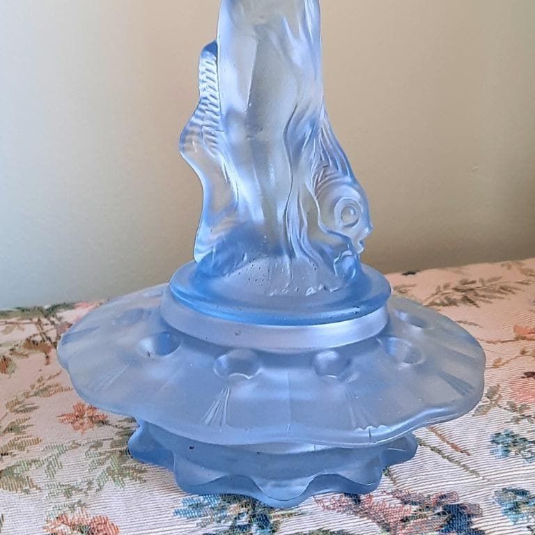 Art Deco Period Arabella Blue Frosted Glass Flower Frog By Walther & Söhne Made In Germany During The 1930s. Very Good Condition photo vintage