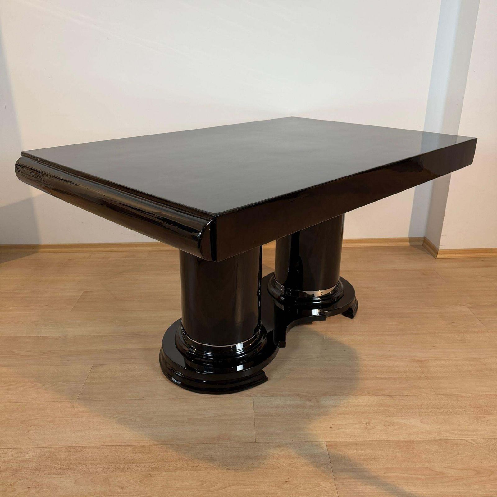 Art Deco Dining Table, Black Piano Lacquer, Metal, France, Circa 1930 photo for sale