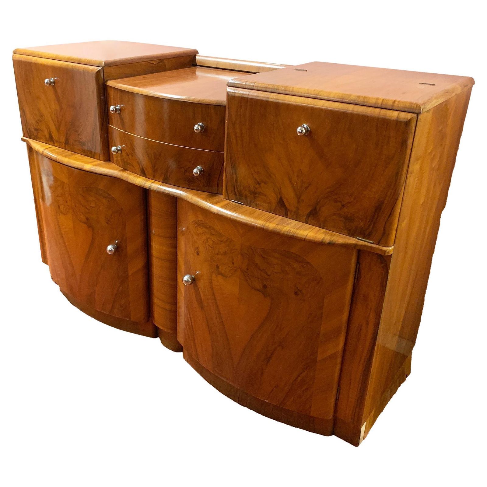 Art Deco Figured Wood Sideboard & Twin Mirror Cocktail Cabinet, Circa 1930's