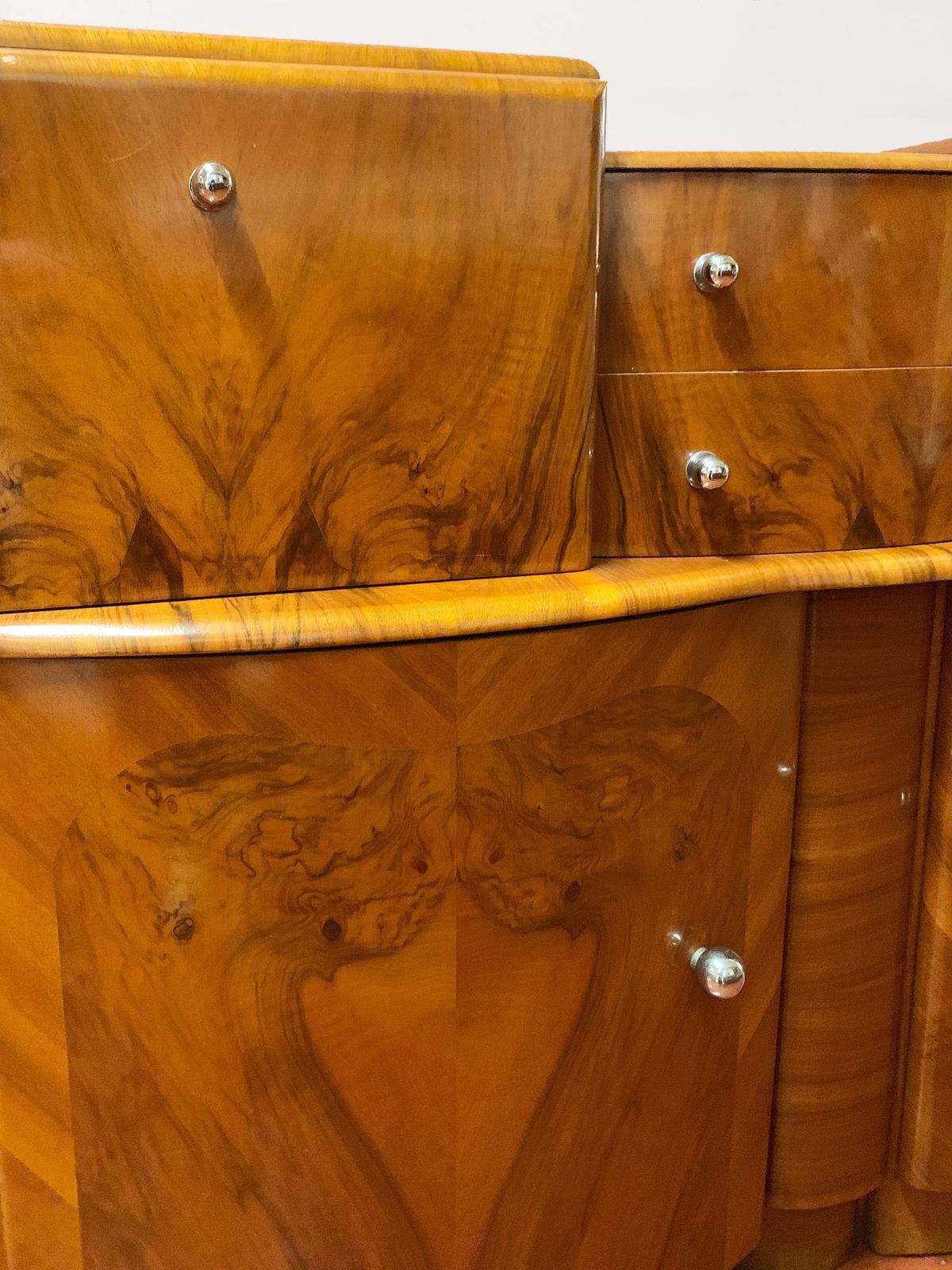 Art Deco Figured Wood Sideboard & Twin Mirror Cocktail Cabinet, Circa 1930's photo for sale