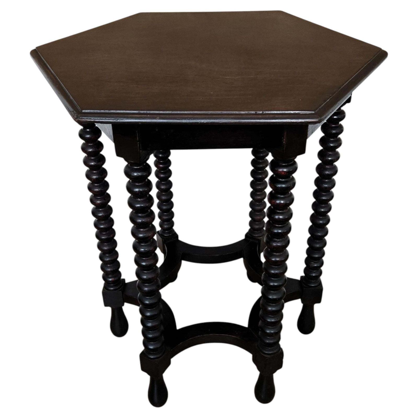 Antique Italian Hexagonal Black Walnut Side Table Stool With Bobbin Turned Legs