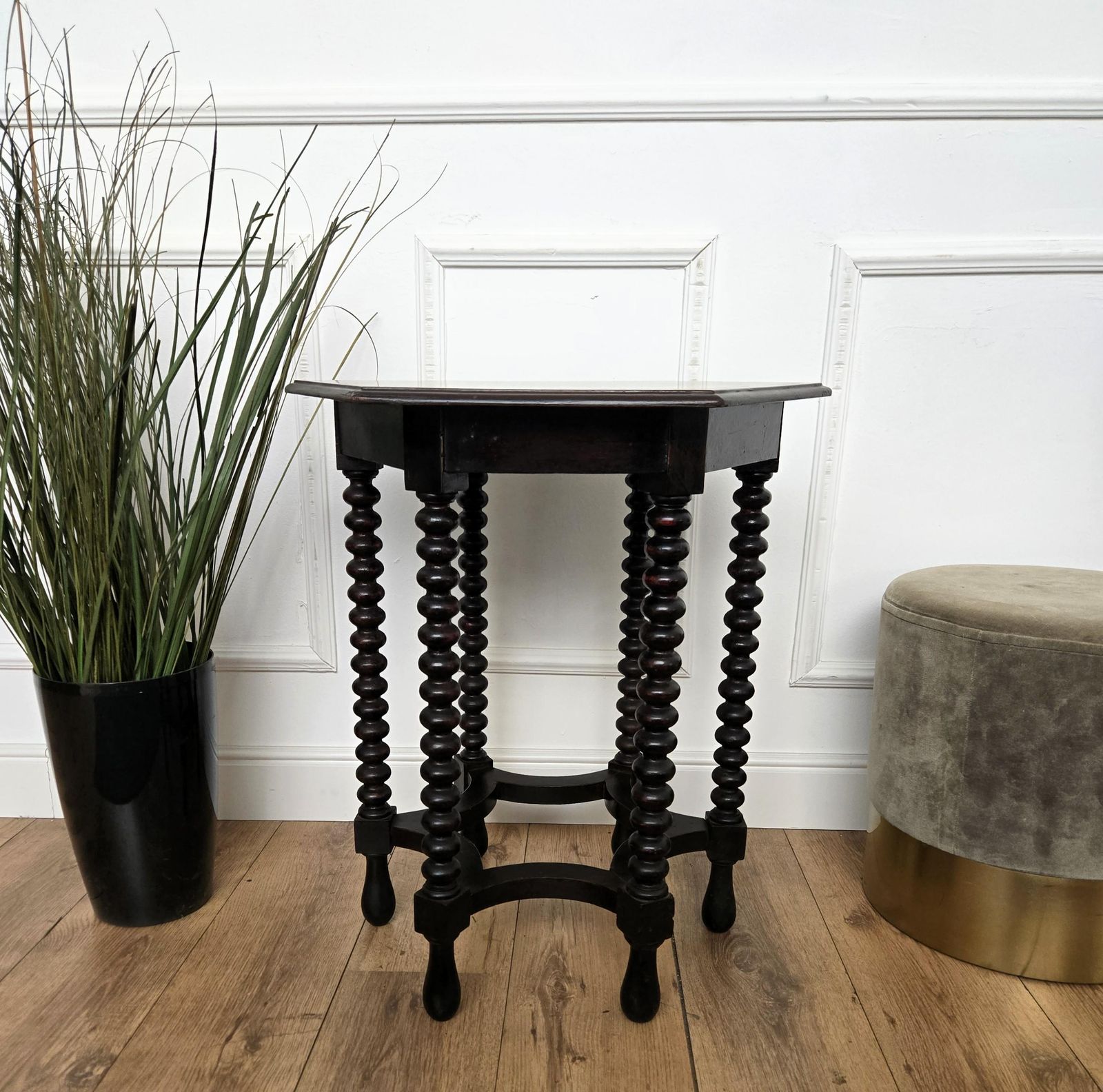 Antique Italian Hexagonal Black Walnut Side Table Stool With Bobbin Turned Legs photo 1062.0