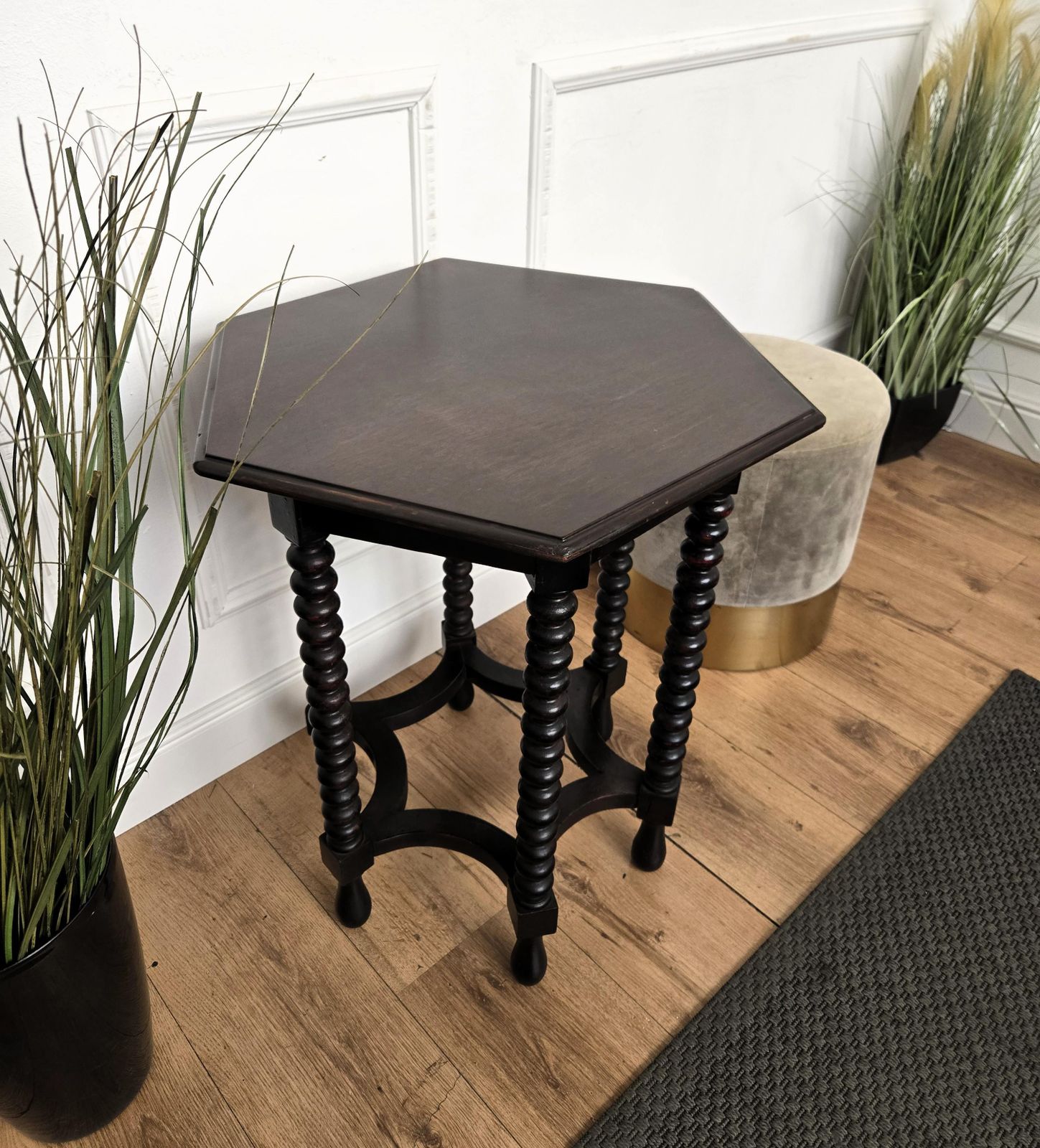 Antique Italian Hexagonal Black Walnut Side Table Stool With Bobbin Turned Legs photo buy