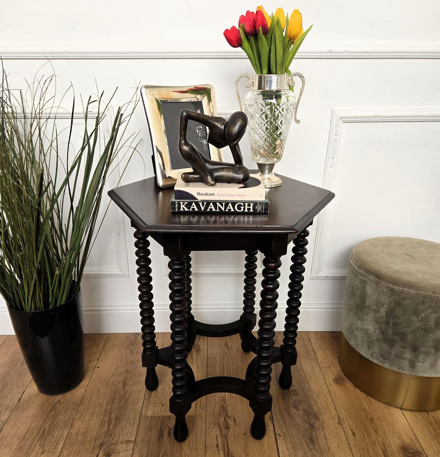 Antique Italian Hexagonal Black Walnut Side Table Stool With Bobbin Turned Legs photo vintage