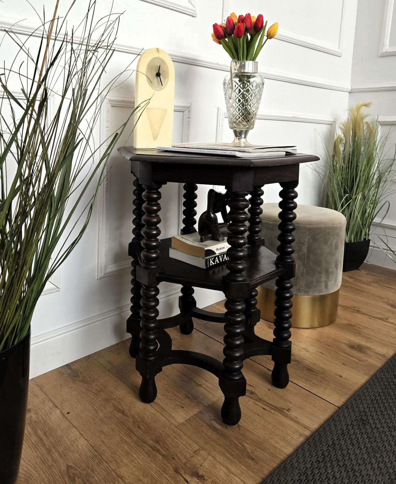 Antique Italian Hexagonal Walnut Side Table Or Stool With Bobbin Turned Legs photo Furniture