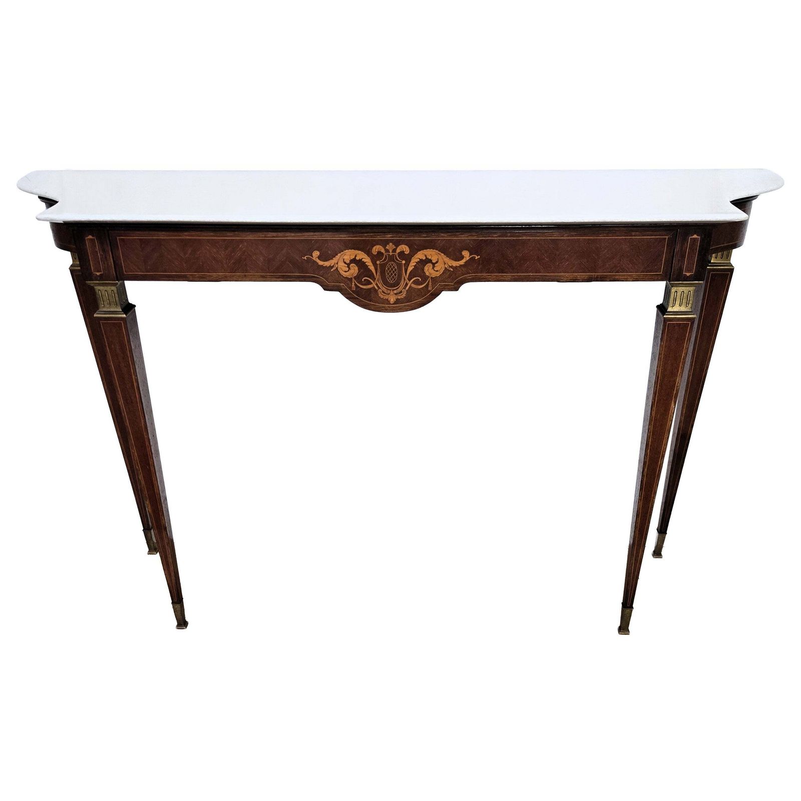 1950s Midcentury Italian Inlay Wood Brass Wall Console Table With Marble Top